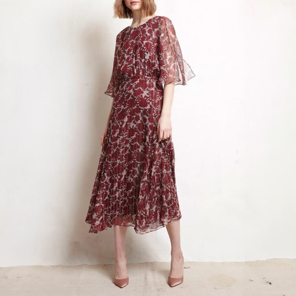 Anthropologie Warm Maroon Metallic Floral Silk Midi Dress Size S